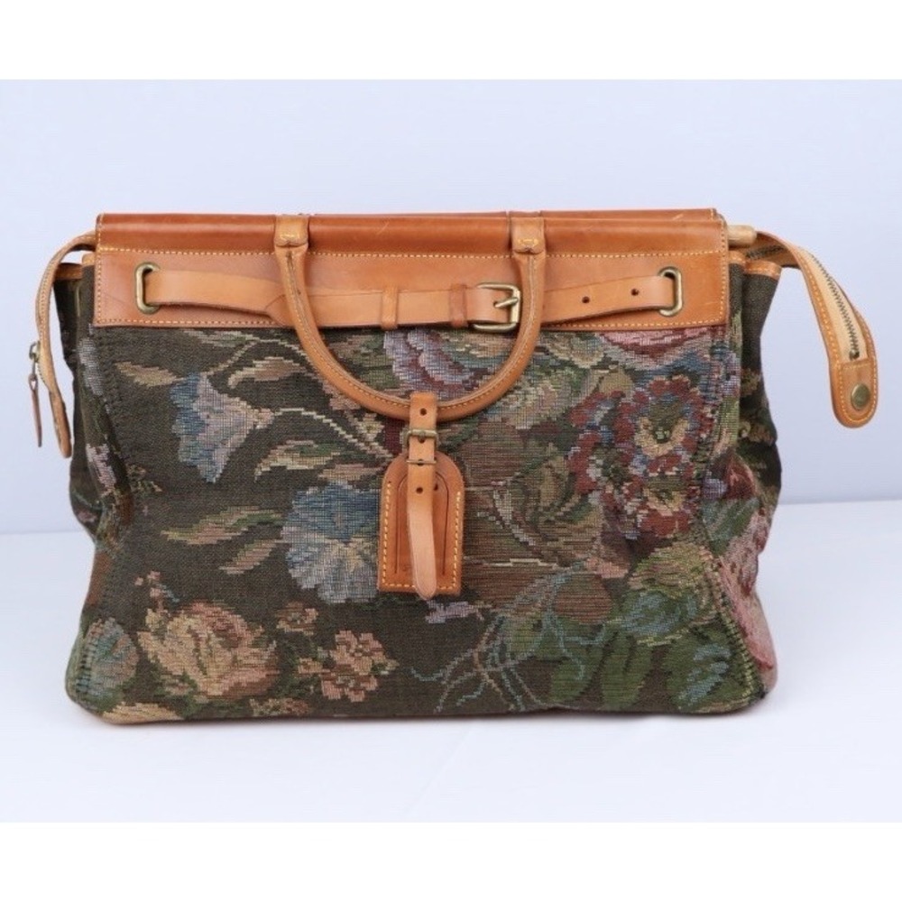 VTG Ralph Lauren Satchel Purse Floral Tapestry Leather Travel Bag NWT